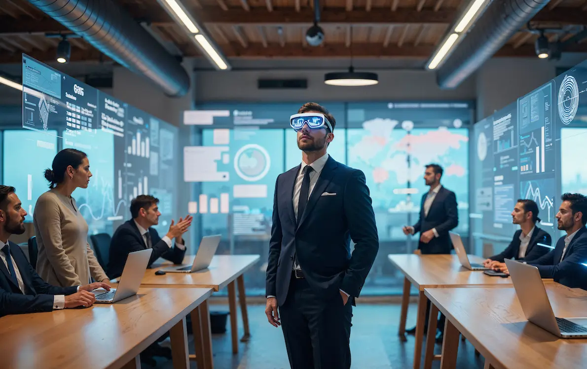 blue suited man is demonstrating soft skill learning in corporate